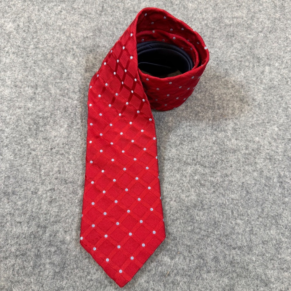 Tommy Hilfiger Mens Red Woven Diamond Polka Dot 100% Silk Necktie